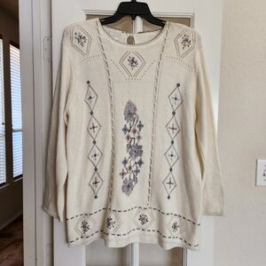 Koret Vintage Ivory Embroidered Crochet Design Floral Knit Trim Sweater XL
